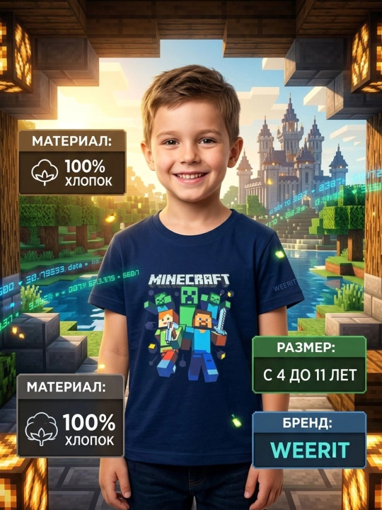 O‘g‘il bolalar uchun WEERIT futbolkasi, 100% paxta, 4-11 yosh, MINECRAFT naqshli - 