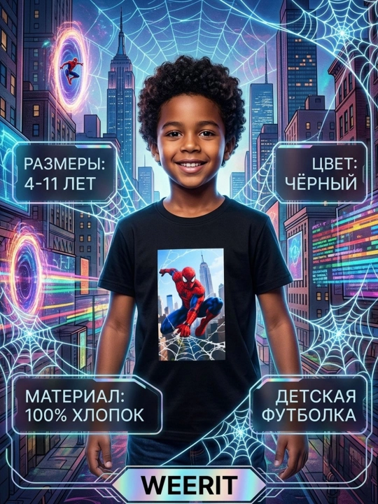 O‘g‘il bolalar uchun WEERIT futbolkasi, 100% paxta bosma: SPIDERMAN, 4-11 yosh - 