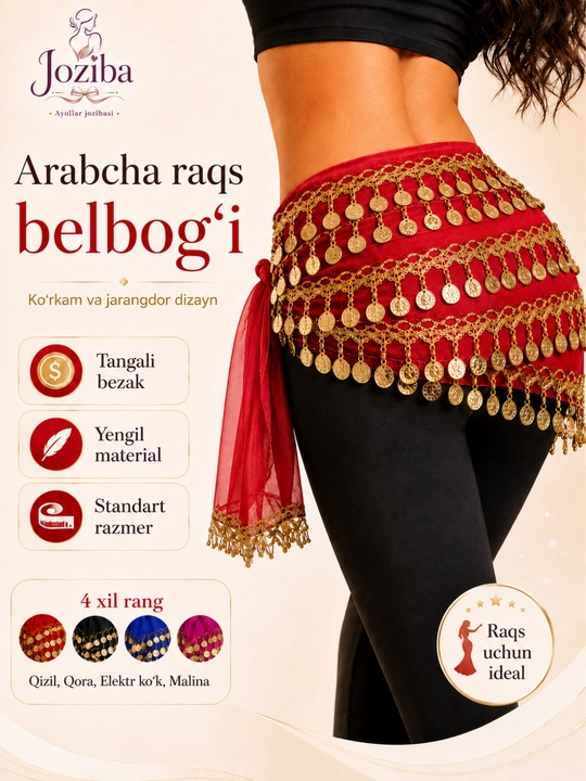Arabcha raqs belbog‘i, tangali belbog‘, qorin raqsi uchun sharf, standart razmer - 