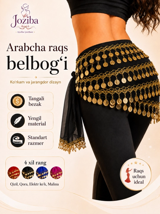 Arabcha raqs belbog‘i, tangali belbog‘, qorin raqsi uchun sharf, standart razmer - 