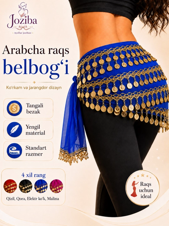 Arabcha raqs belbog‘i, tangali belbog‘, qorin raqsi uchun sharf, standart razmer - 