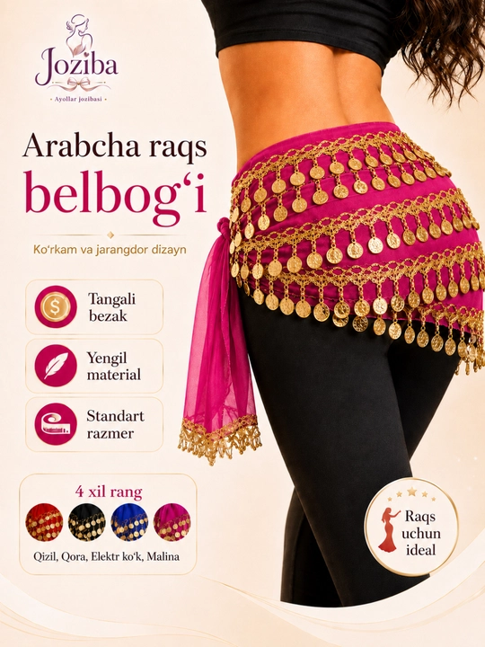 Arabcha raqs belbog‘i, tangali belbog‘, qorin raqsi uchun sharf, standart razmer - 