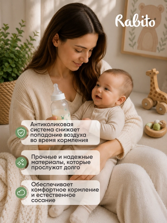 Rabito emizish uchun keng bo‘yinli va tutqichli, bolalar uchun antibakterial butilka