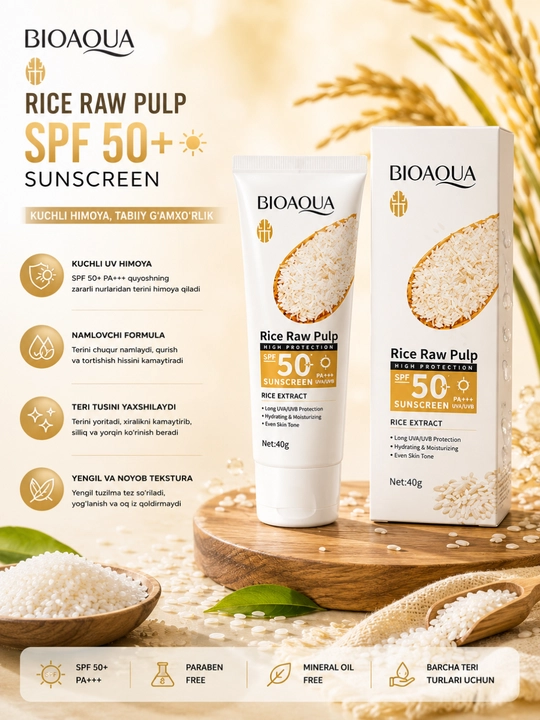 BIOAQUA Rice Raw Pulp SPF 50+ quyoshdan himoyalovchi krem, guruch ekstrakti bilan, 40 g - 