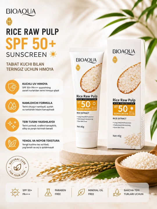 BIOAQUA Rice Raw Pulp SPF 50+ quyoshdan himoyalovchi krem, guruch ekstrakti bilan, 40 g