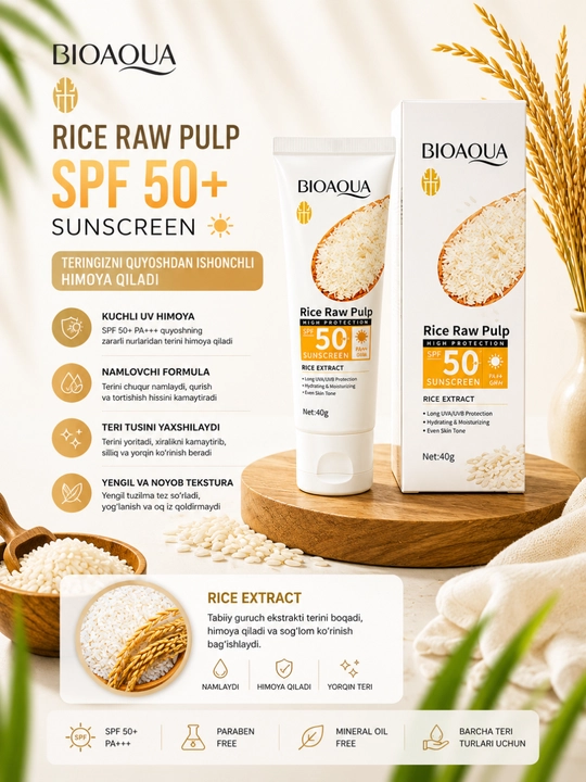 BIOAQUA Rice Raw Pulp SPF 50+ quyoshdan himoyalovchi krem, guruch ekstrakti bilan, 40 g