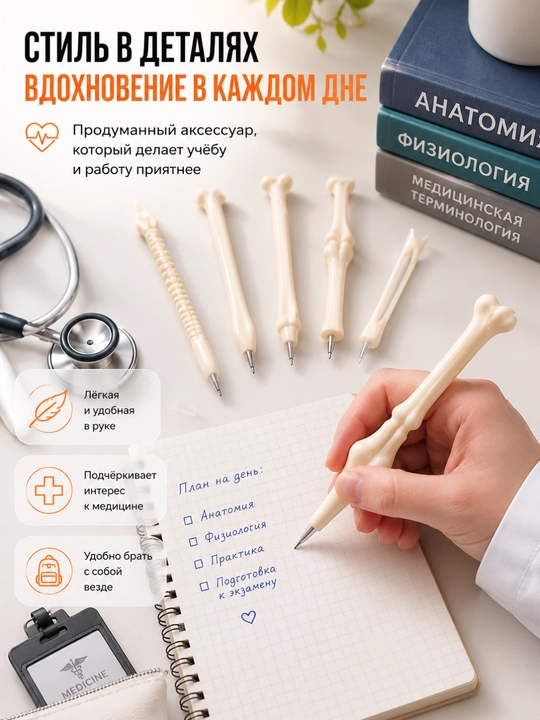5 dona anatomik ruchkalar to‘plami, suyak shaklidagi ruchka, tibbiyot xodimi uchun sovg‘a