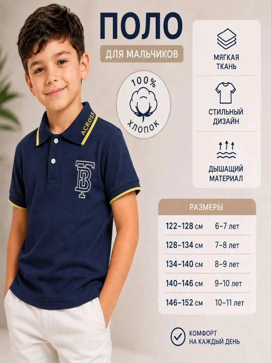 O‘g‘il bolalar uchun polo-futbolka, 100% paxta, 6-11 yosh - 