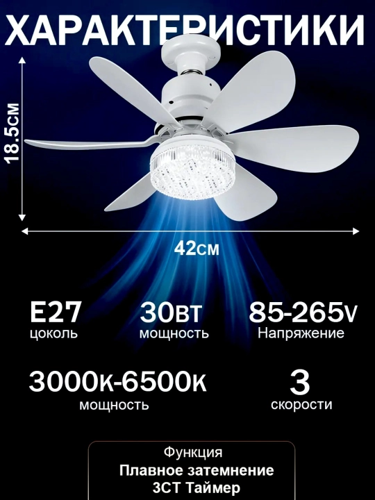Люстра с вентилятором LED, с пультом, 3  освещения и 4 режима вращения, для всех комнат