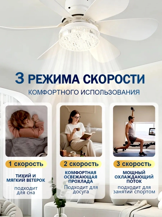 Люстра с вентилятором LED, с пультом, 3  освещения и 4 режима вращения, для всех комнат