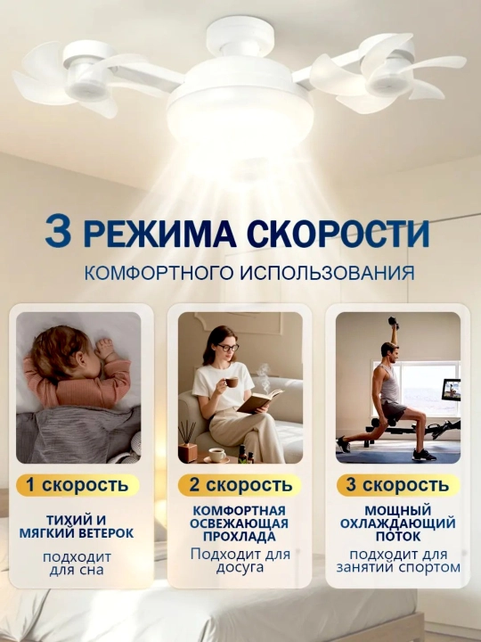 Pultli LED ventilyatorli qandil, 3 ta yoritish va 4 ta aylanish tezligi, barcha xonalarga