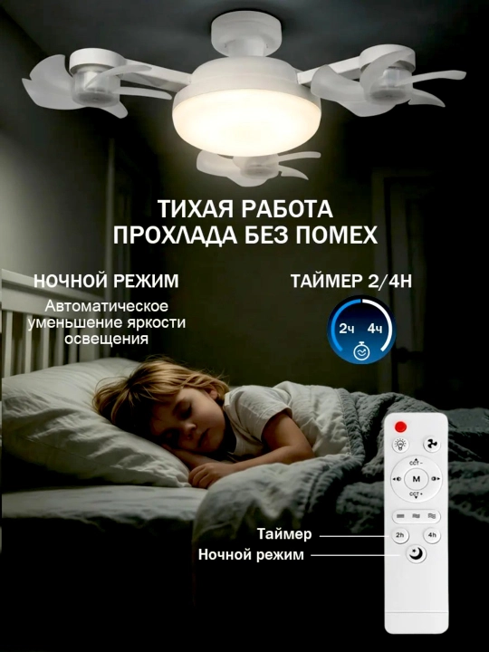 Pultli LED ventilyatorli qandil, 3 ta yoritish va 4 ta aylanish tezligi, barcha xonalarga