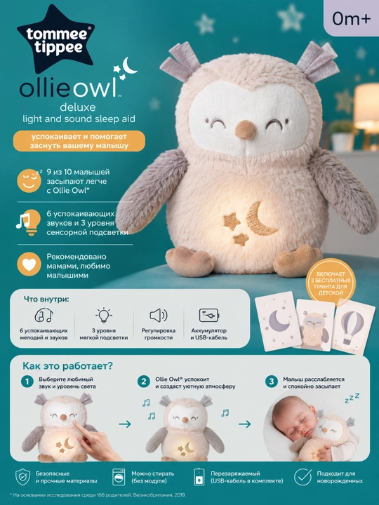 Ночник-игрушка Ollie Owl Deluxe с музыкой и подсветкой для сна малыша - 