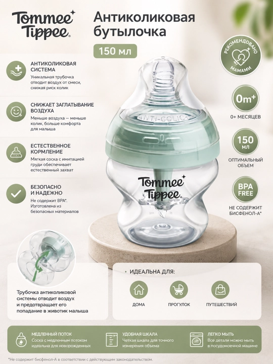 Антиколиковая бутылочка Tommee Tippee Anti-Colic для новорожденных - 