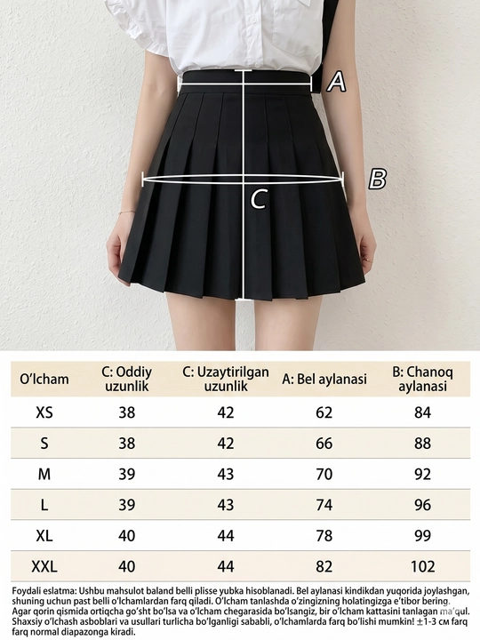 Ayollar yubkasi mini klassik yuqori bel, yubka-shorti, o'lcham XS-2XL, yozgi, maktab