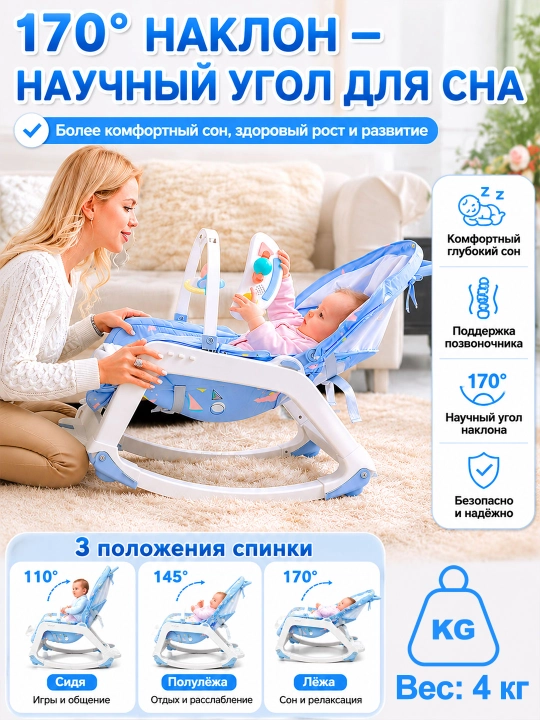 Детское кресло 3в1: шезлонг, стульчик, качалка, музыка, колёса, безопасное, складное