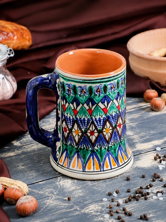 Milliy uslubdagi qo‘lda bo‘yalgan sopol bokal, Rishton kulolchilik mahsuloti, 500 ml - 