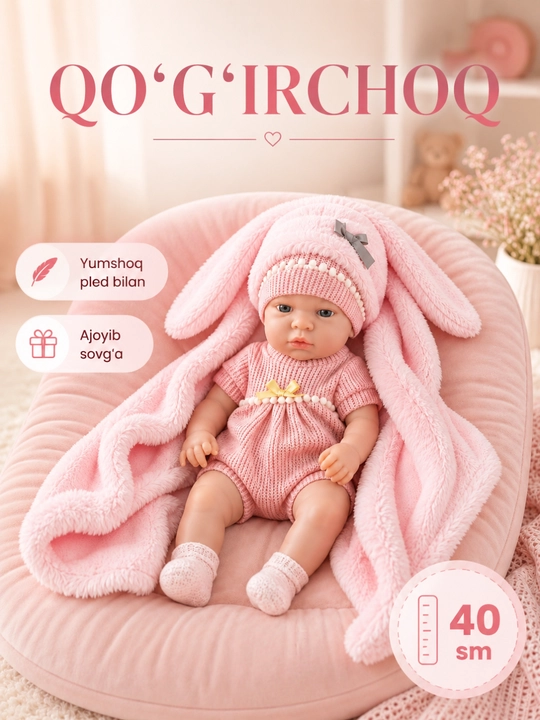 Aksessuarlar bilan chaqaloq qo'g'irchoq, Babyborn, O'yinchoq adyol bilan qayta tug'ilgan - 