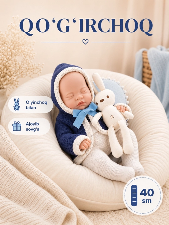 Aksessuarlar bilan chaqaloq qo'g'irchoq, Babyborn, O'yinchoq adyol bilan qayta tug'ilgan - 