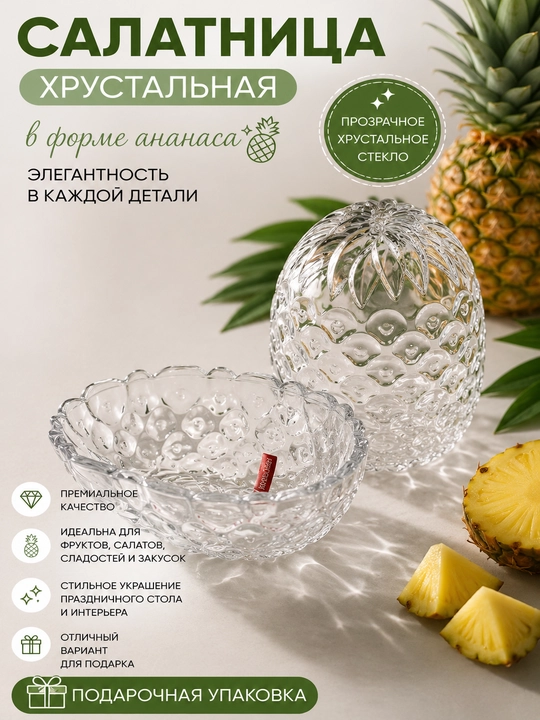 Хрустальная салатница прозрачная фруктовница Клубника Ананас Яблоко - 