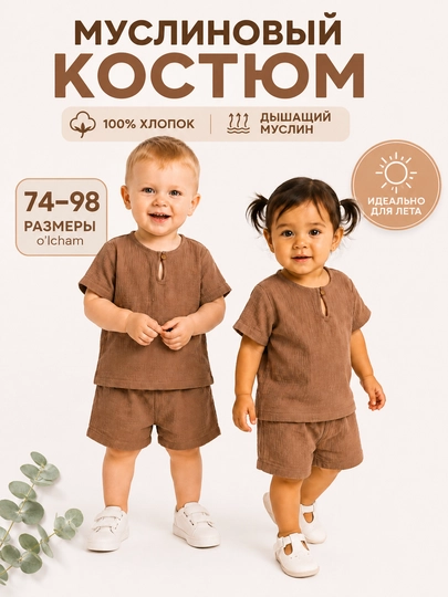 Одежда для новорожденных, шорты футболка, муслин комплект 74-98