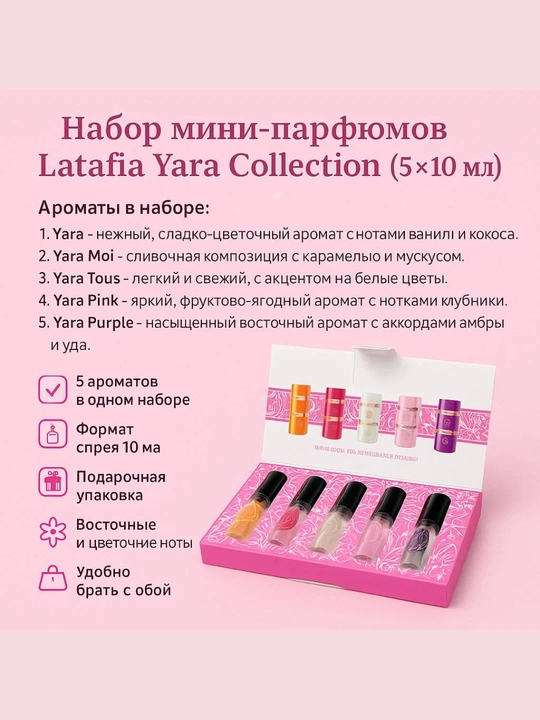 Lataffa Yara Collection mini parfyum to‘plami (5×10 ml). To‘plamda 5 xil atir mavjud