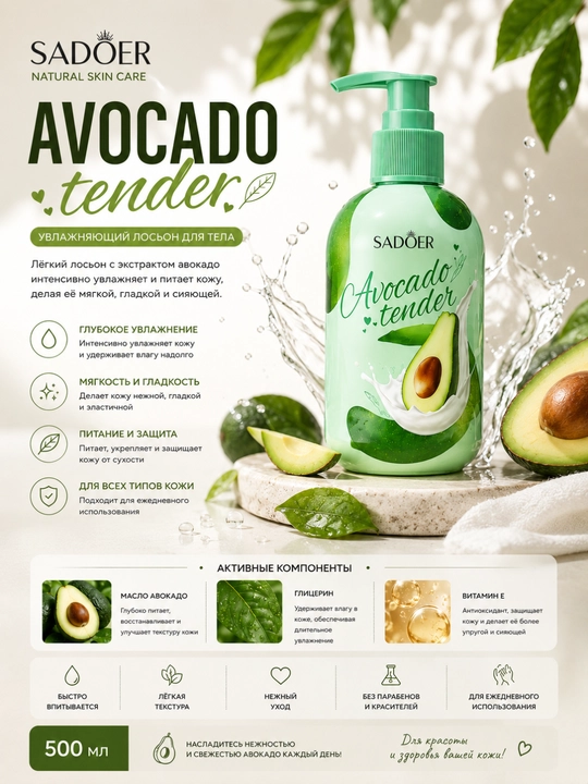 SADOER Avocado Tender Увлажняющий Лосьон для Тела с Экстрактом Авокадо, 500 мл - 