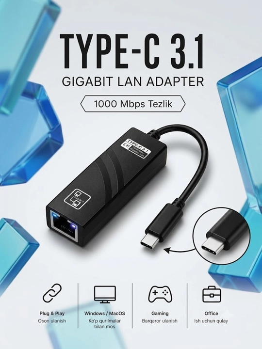 Usb LAN-адаптер Gigabit USB 3.0/Type-C 3.1, 10/100/1000 Мбит для компьютера и ноутбука - 