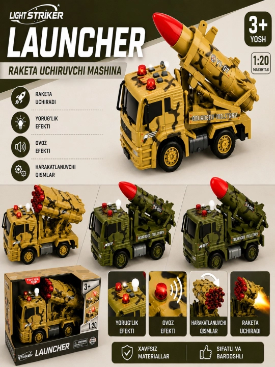 Harbiy Raketa Mashinasi Launcher 1:20 | Ovozli va Chiroqli O‘yinchoq