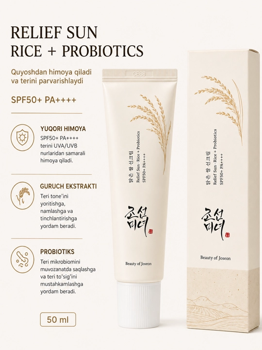 Quyoshdan himoyalovchi Beauty of Joseon Relief Sun kremi: guruch + probiotiklar SPF50+ PA++++, 50 ml - 