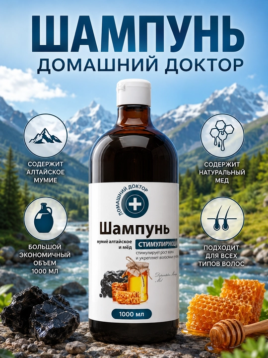 Шампунь для волос, Домашний Доктор Мумие Алтайское и Мед, 1000 мл - 
