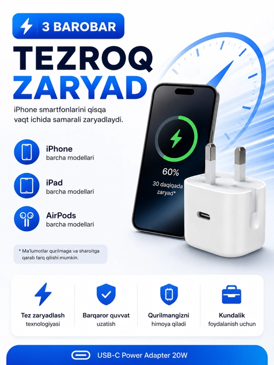 20 Vt quvvatli USB-C konnektorli iPhone tezkor quvvatlash adapteri