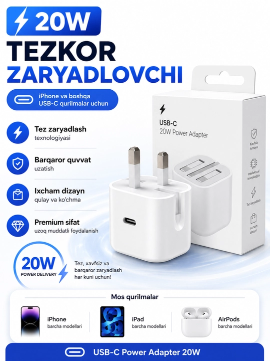 20 Vt quvvatli USB-C konnektorli iPhone tezkor quvvatlash adapteri - 