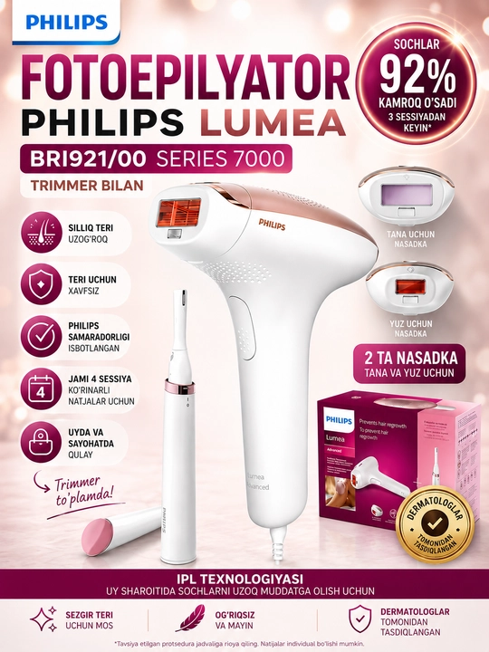 Philips Lumea BR921 fotoepilyator uy uchun foto epilyator yuz, tana, bikini zonasi lazerli