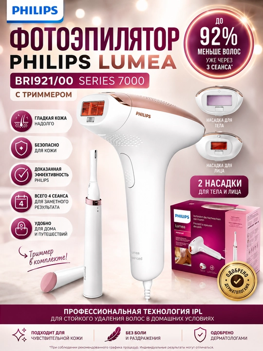 Фотоэпилятор Philips Lumea BR921 домашний лазерный эпилятор для лица, тела, зоны бикини - 