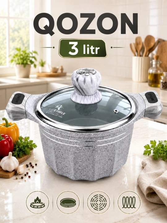 Qozon 3 litr qopqoqli granit qozon tosh qozon kastrulka qazoncha - 