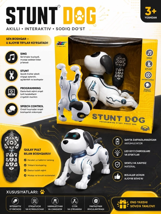 Stunt Dog: Ovozli va pult orqali boshqariladigan aqlli robot-kuchukcha – bolalar quvonchi - 