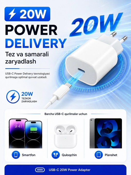 IPHONE uchun 20W USB-C Tezkor Zaryadlovchi Adapter PD, EU vilka - 