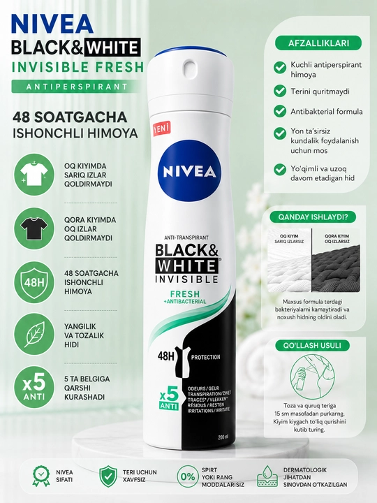 NIVEA Black & White Invisible Fresh + Antibacterial, 200 мл - 