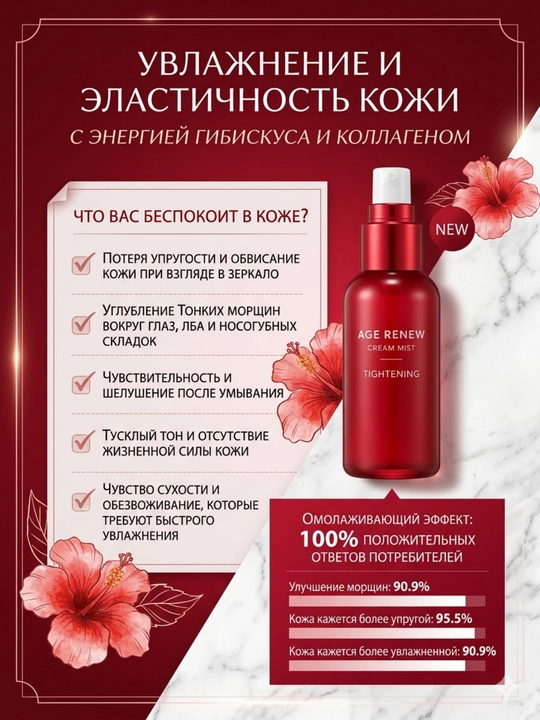 AHC Age Renew Krem-Mist: Мгновенный Лифтинг и Увлажнение с Коллагеном и Гибискусом, 100мл