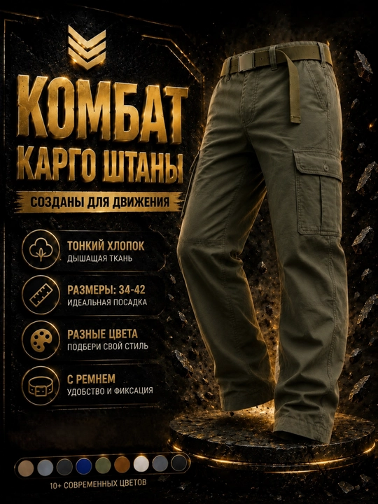 Брюки широкого кроя, с ремнём и боковыми карманами - 