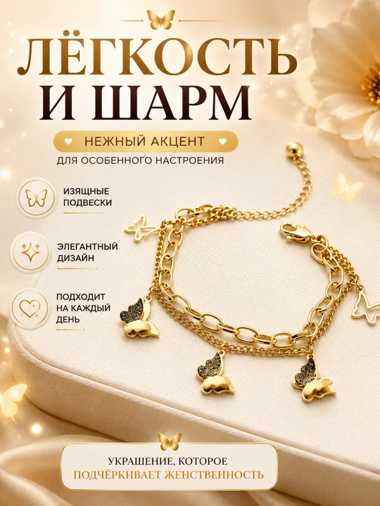 Женский браслет с кулоном-бабочкой золотистый - 