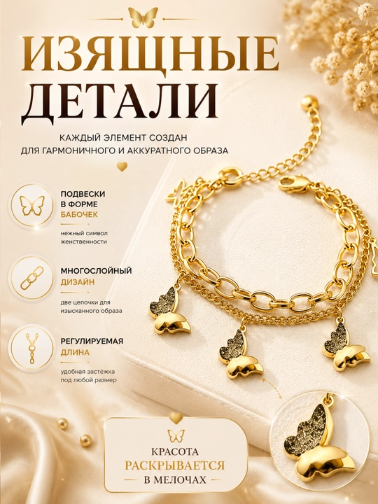 Женский браслет с кулоном-бабочкой золотистый