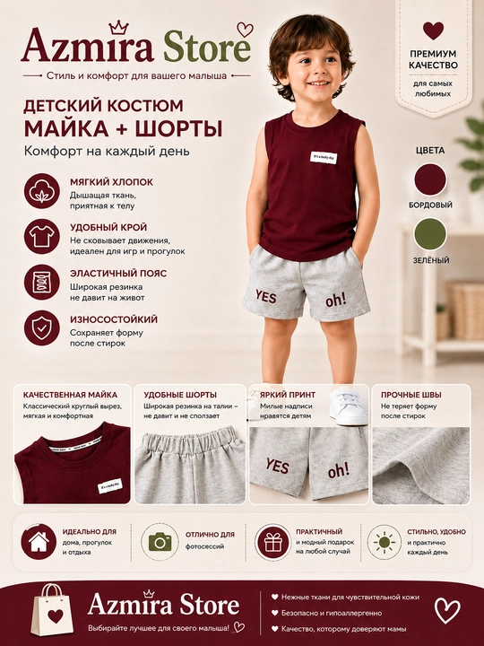 🌿 Azmira Store o‘g‘il bolalar uchun yozgi kiyim to‘plami - 