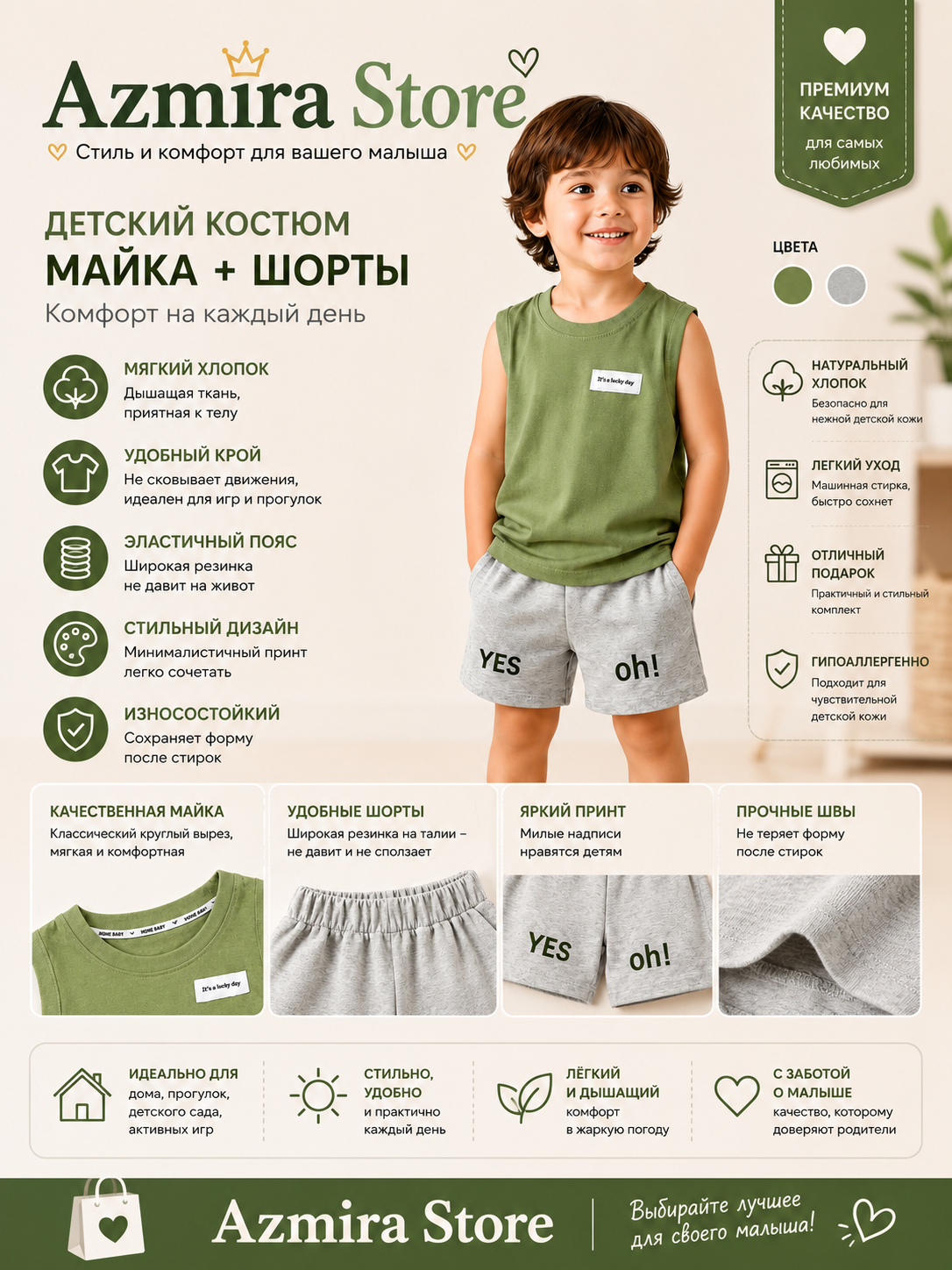 🌿 Azmira Store o‘g‘il bolalar uchun yozgi kiyim to‘plami - 