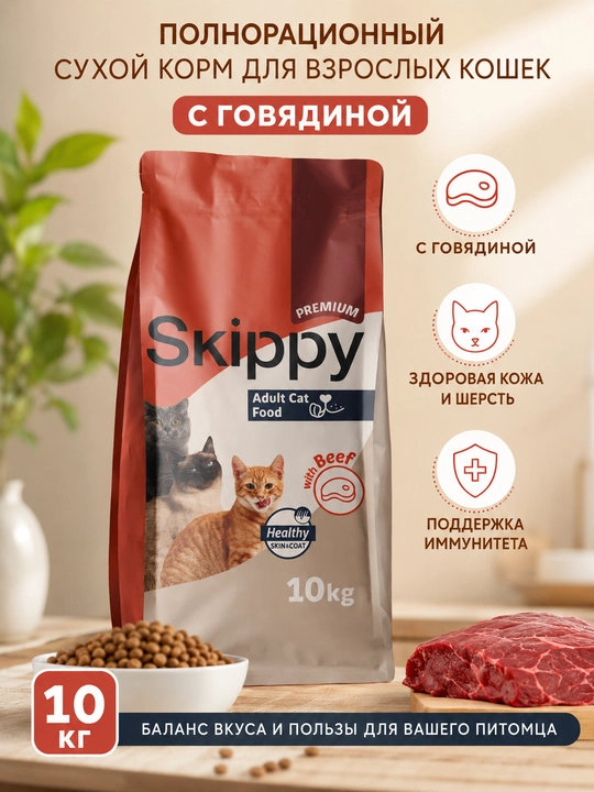 Skippy сухой корм для кошек с говядиной 10кг - 