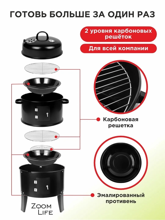 Коптильня "ZoomLife", 3в1, сталь, разборная, для горячего копчения