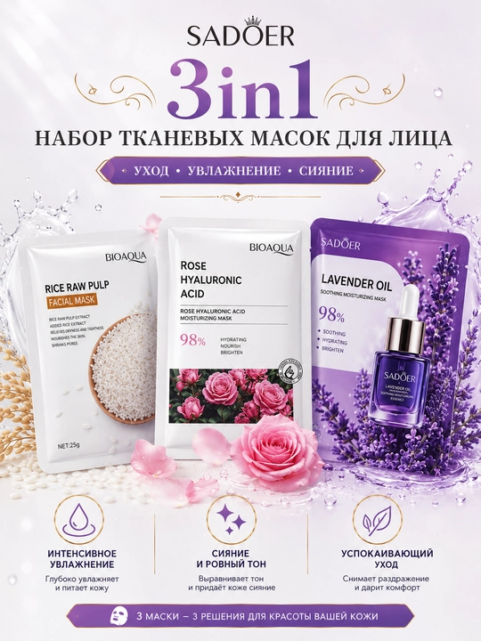 SADOER & BIOAQUA Набор Тканевых Масок для Лица 3в1 – Рис, Роза и Лаванда 25г×3 - 