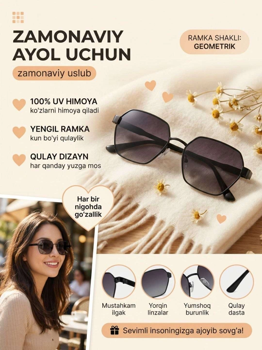 Ayollar va qizlar uchun yengil quyoshdan himoyalovchi ko‘zoynak - 