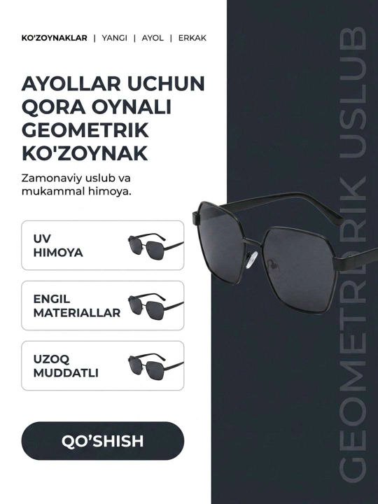 Ayollar va qizlar uchun yengil quyoshdan himoyalovchi ko‘zoynak